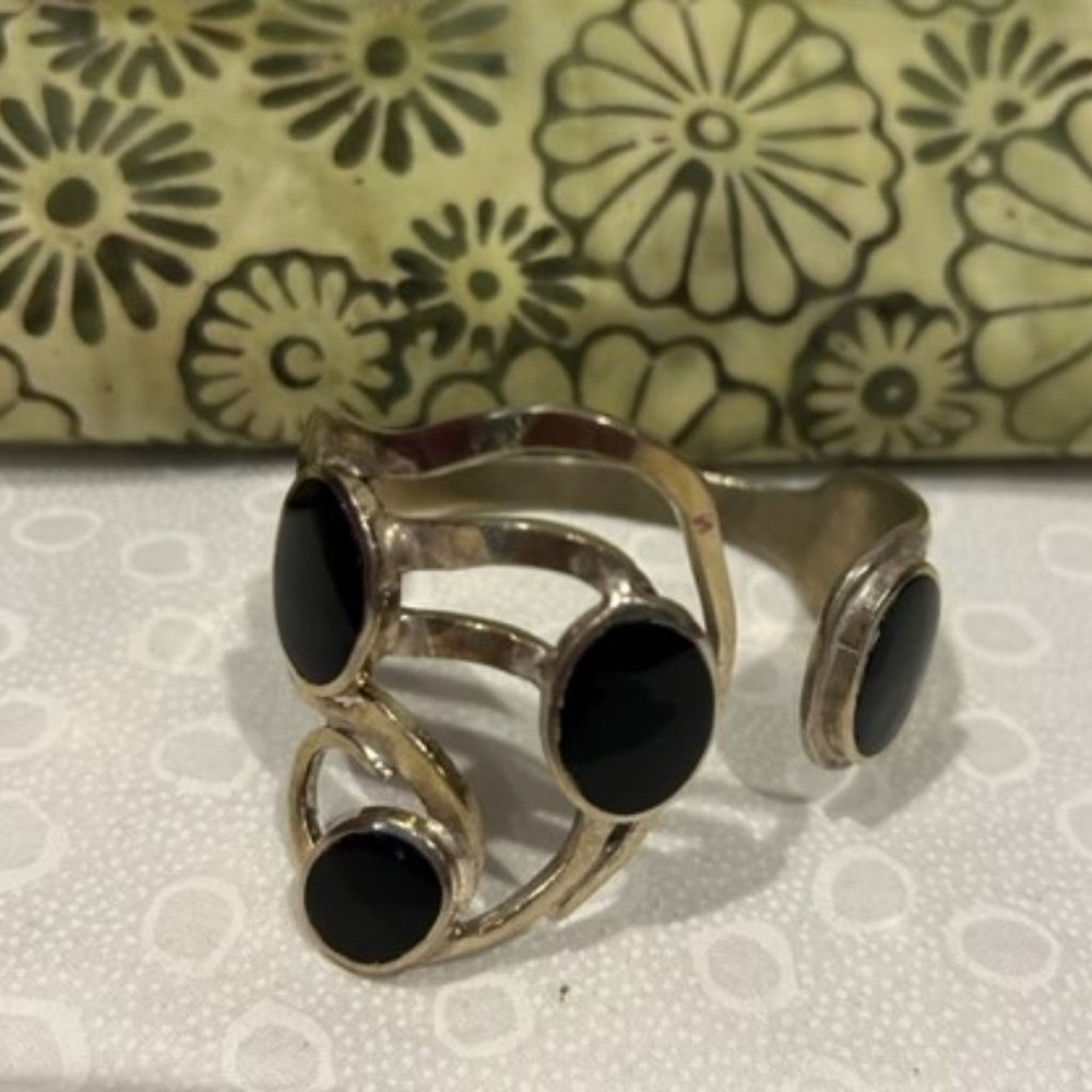 VTG ALPACA Silver Bent Fork Black Stones CUFF BRACELET - Picture 6 of 8